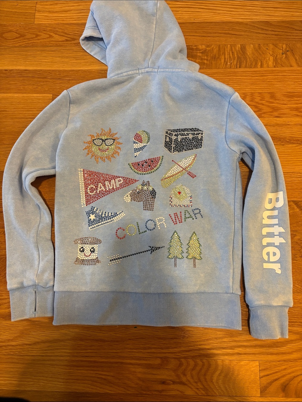 Butter Light Blue Kids Hoodie with Colorful Camp Rhinestone Motifs small